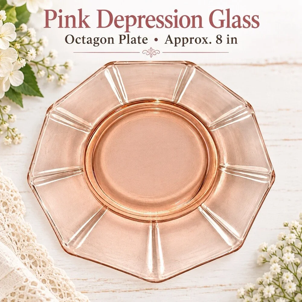 Vintage Pink Depression Glass Octagon 8” Luncheon Salad Plate Art Deco